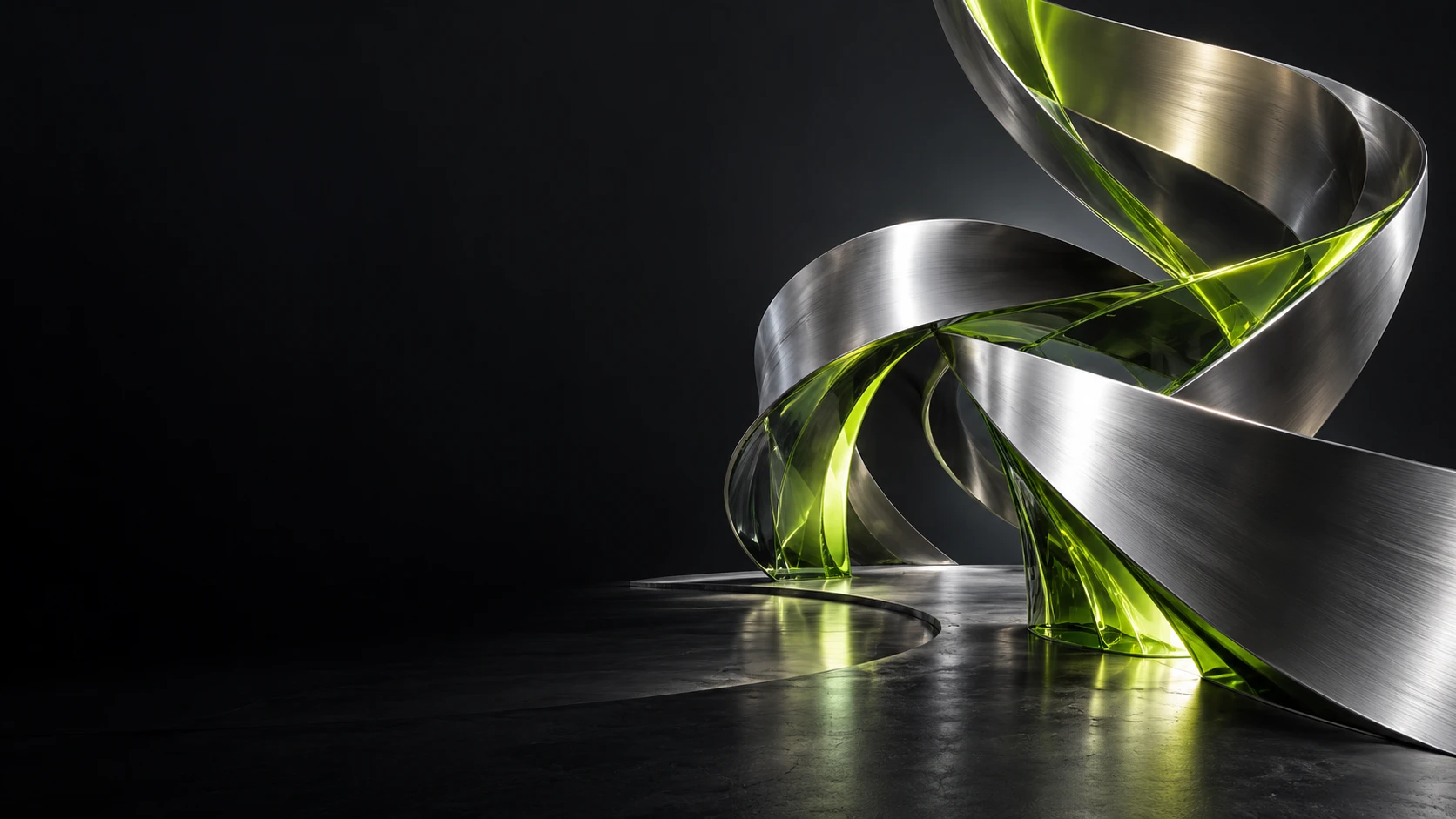 Sculptural metallic ribbon and lime glass, a visual expression of MLJET’s forward-thinking approach
